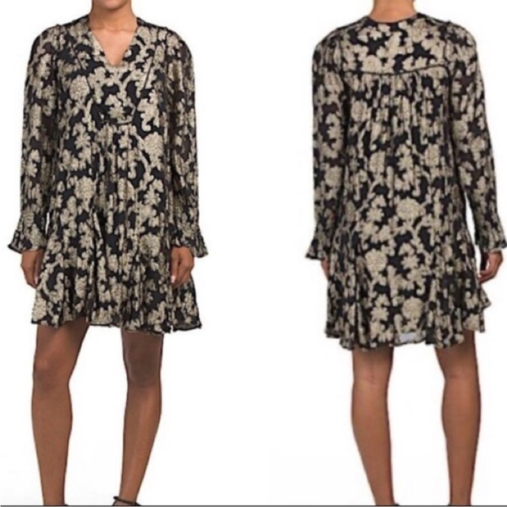 Anthropologie Black/Gold Metallic Foil Long Sleeve Tunic Ruffle Mini Dress XS